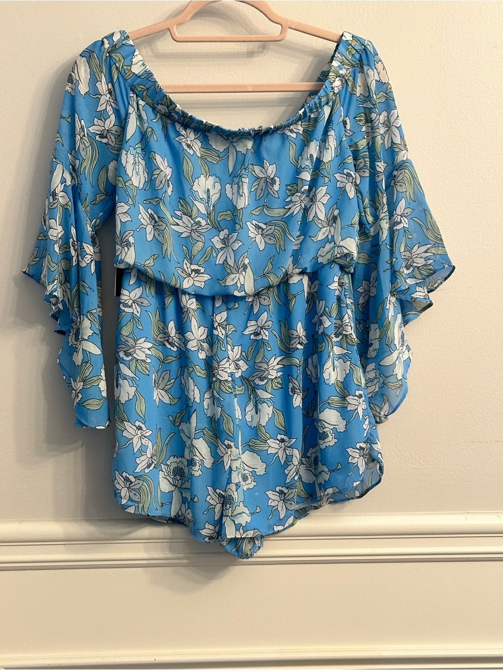Lulu's Sky Blue Floral Off-Shoulder Peasant Romper